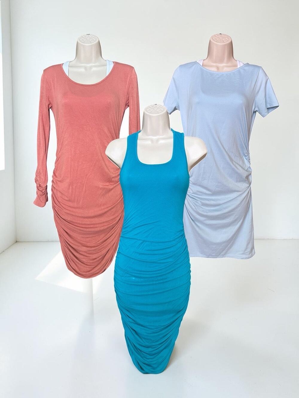 Pink Blush Maternity Ruched Jersey Dresses Bundle of 3, Size S, Pink, Jade, Blue